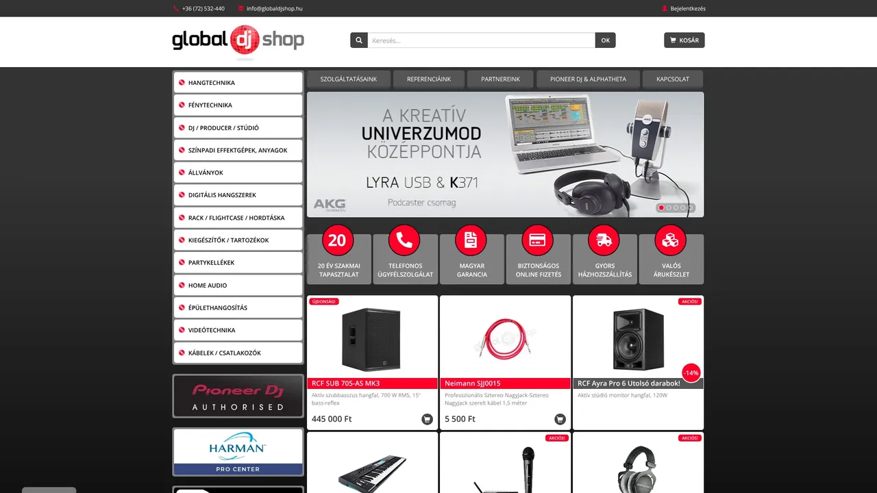 A Global Dj Shop nyitóoldala asztali nézetben