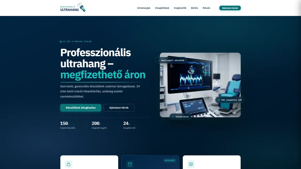 A Hasznalt-Ultrahang.hu nyitóoldala asztali nézetben